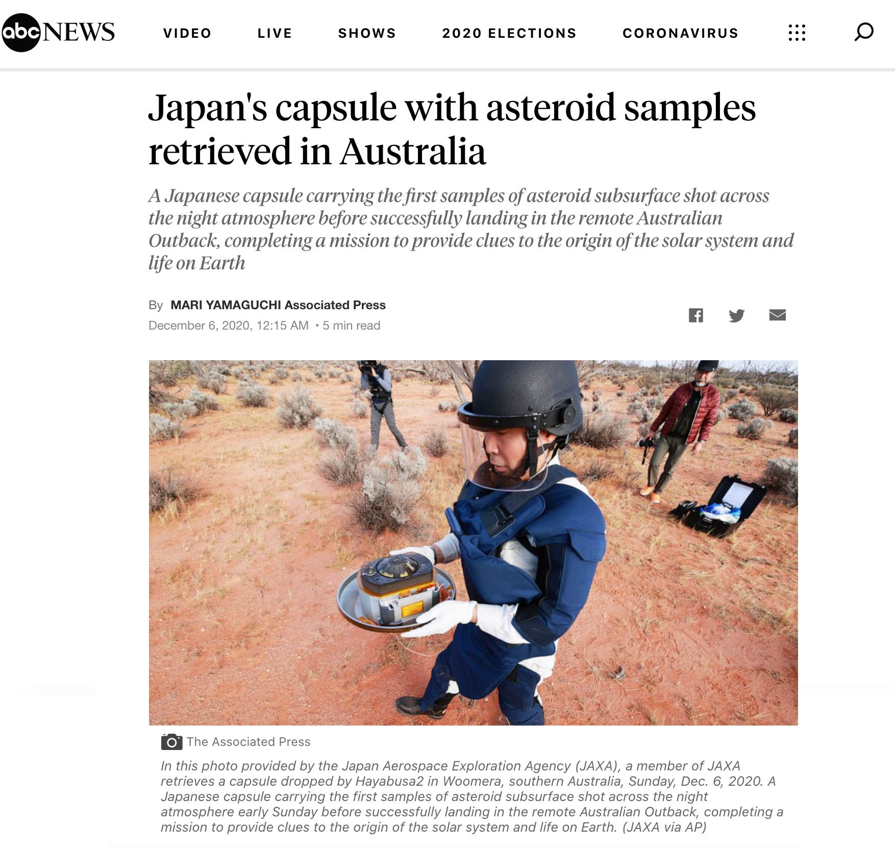 Hayabusa asyeroid sample returned to earth.jpg